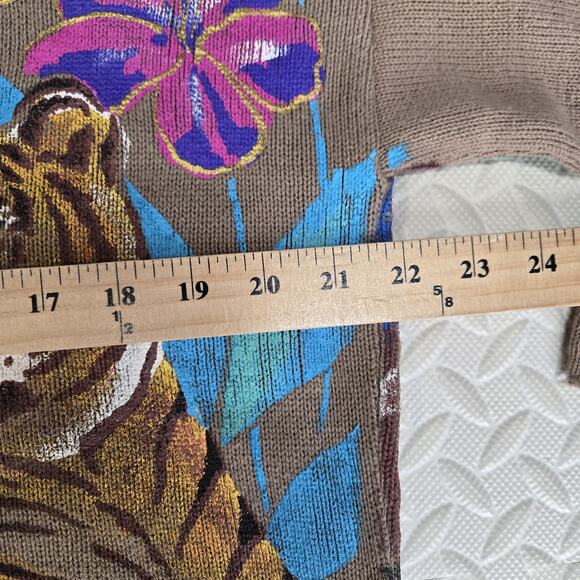 Vintage Sweater Women 1 (L XL) Handpainted Tiger Elephant 3D Flowers Tan Cropped - Picture 10 of 12